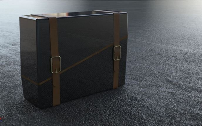 Coffer Studios travel case render, a leather-strapped hard case