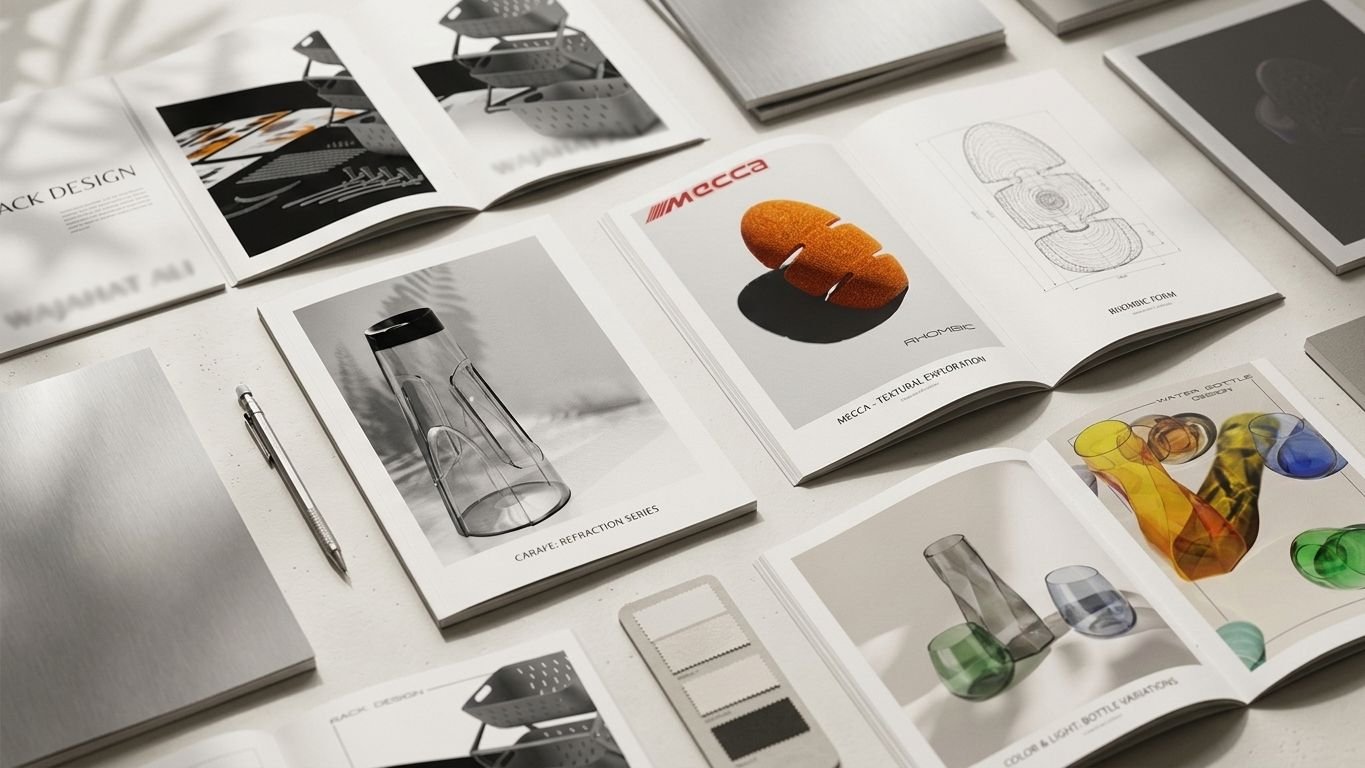 Coffer Studios printed portfolio spread showing finished product documentation
