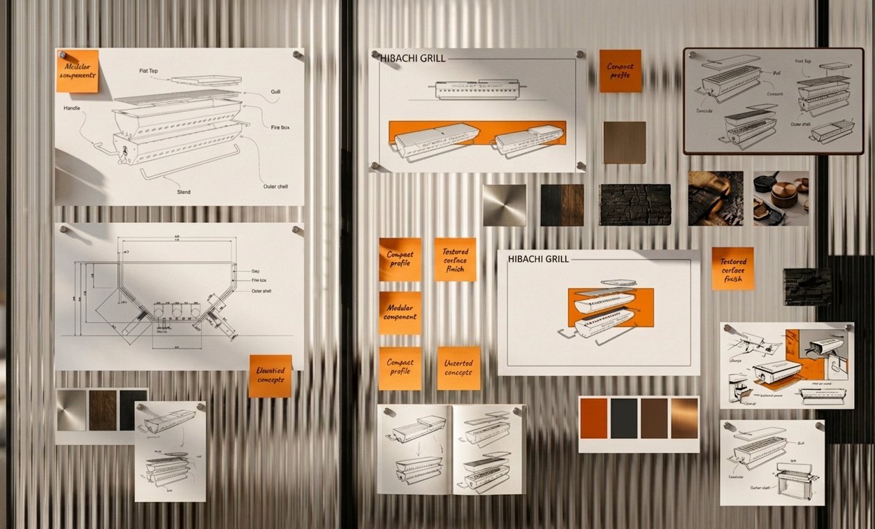 Coffer Studios concept development moodboard: sketches, exploded views and material swatches from a real client project