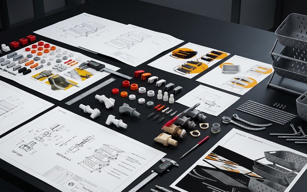 Coffer Studios physical prototype parts, calipers and technical drawings laid out on a dark table